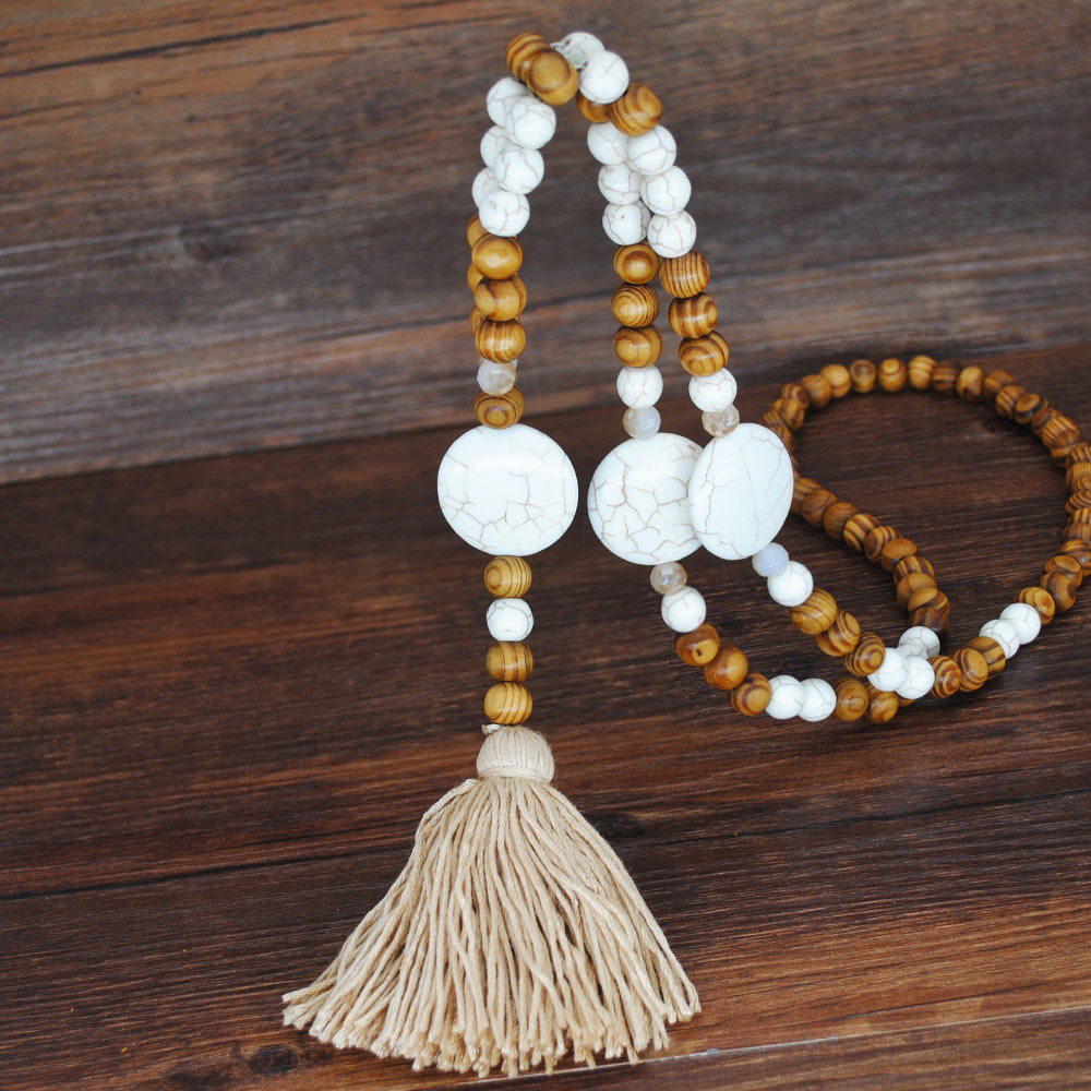 Bohemian Necklace Handmade Stones Tassels Wood