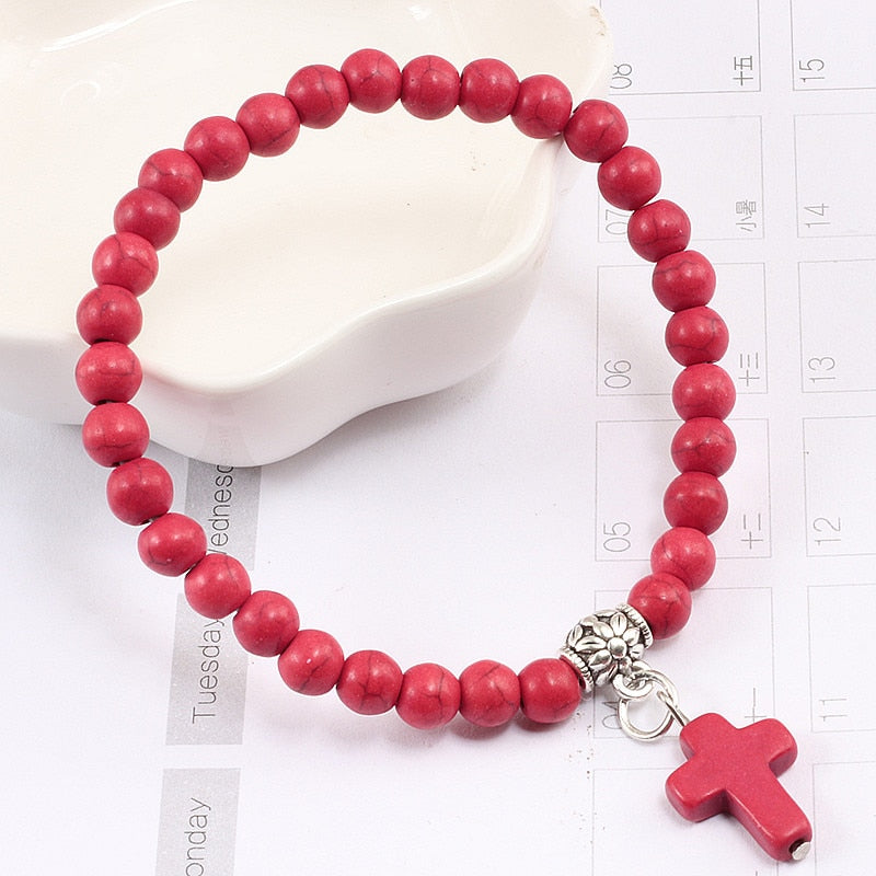 Vintage Cross Natural Stone 6mm Beads Bracelet