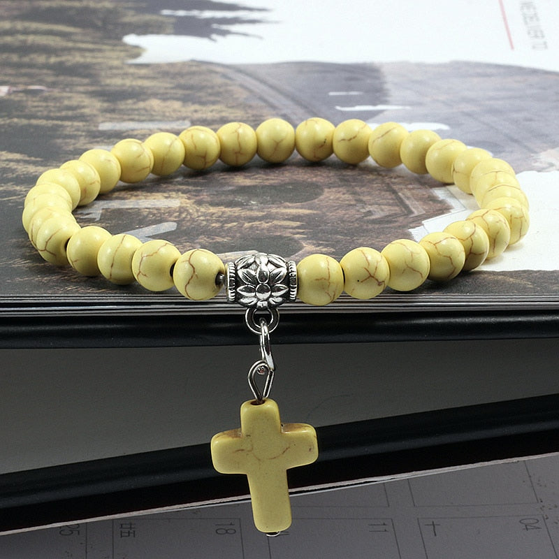 Vintage Cross Natural Stone 6mm Beads Bracelet