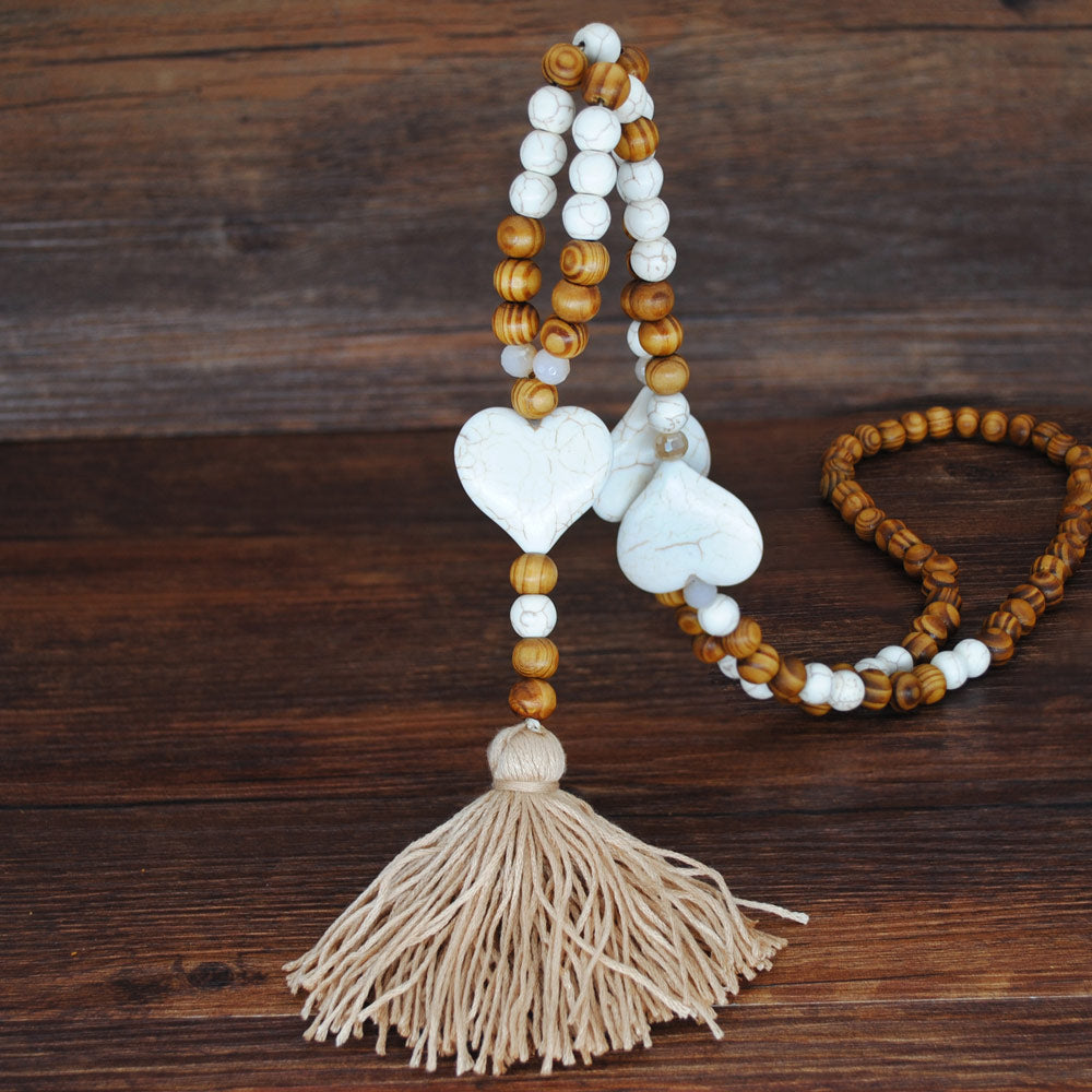 Bohemian Necklace Handmade Stones Tassels Wood