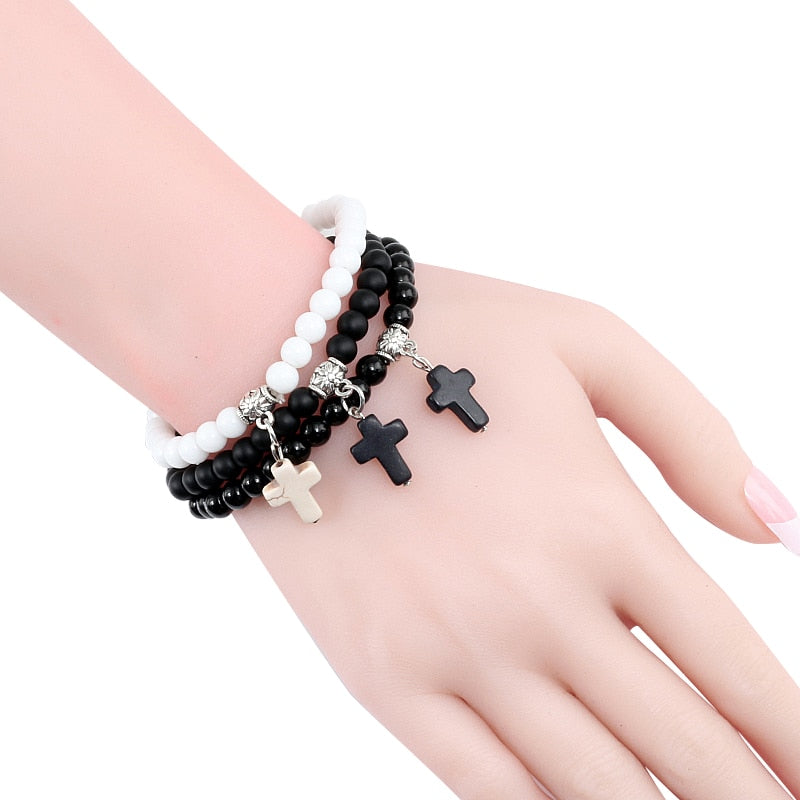 Vintage Cross Natural Stone 6mm Beads Bracelet