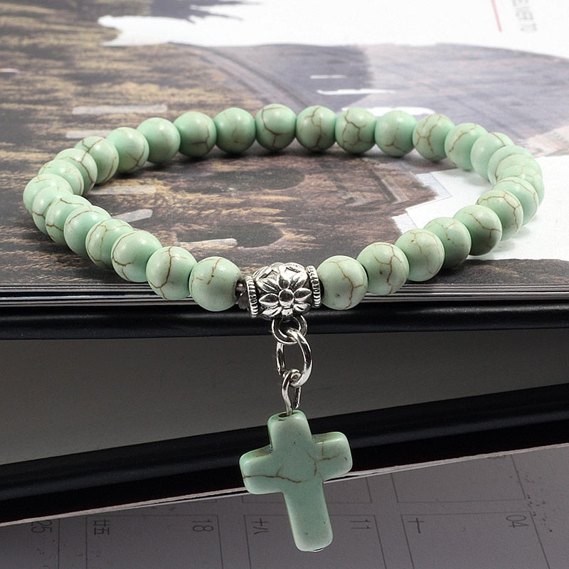 Vintage Cross Natural Stone 6mm Beads Bracelet