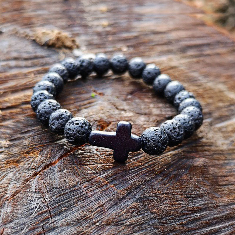 Charm Natural Stone Bracelet Cross Black Lava Matte