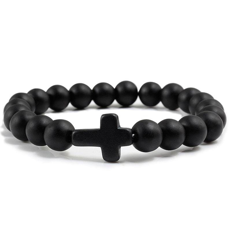 Charm Natural Stone Bracelet Cross Black Lava Matte