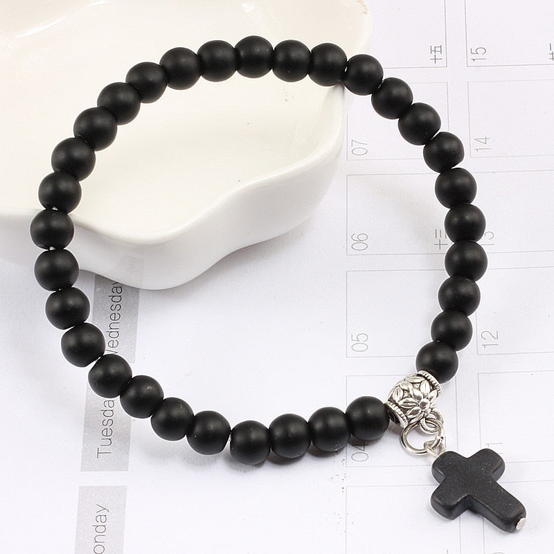 Vintage Cross Natural Stone 6mm Beads Bracelet