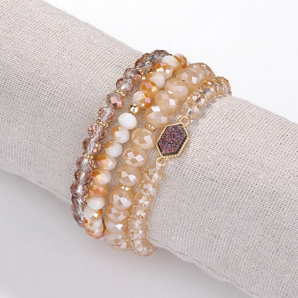 Faceted Natural Stone Glass Beads Elastic Bracelet