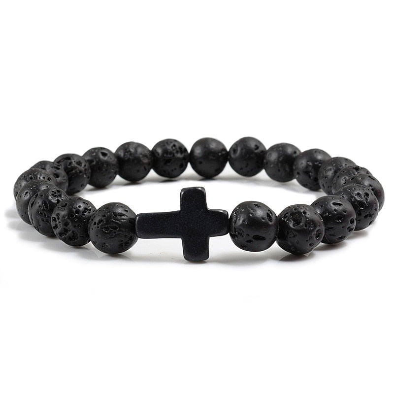 Charm Natural Stone Bracelet Cross Black Lava Matte