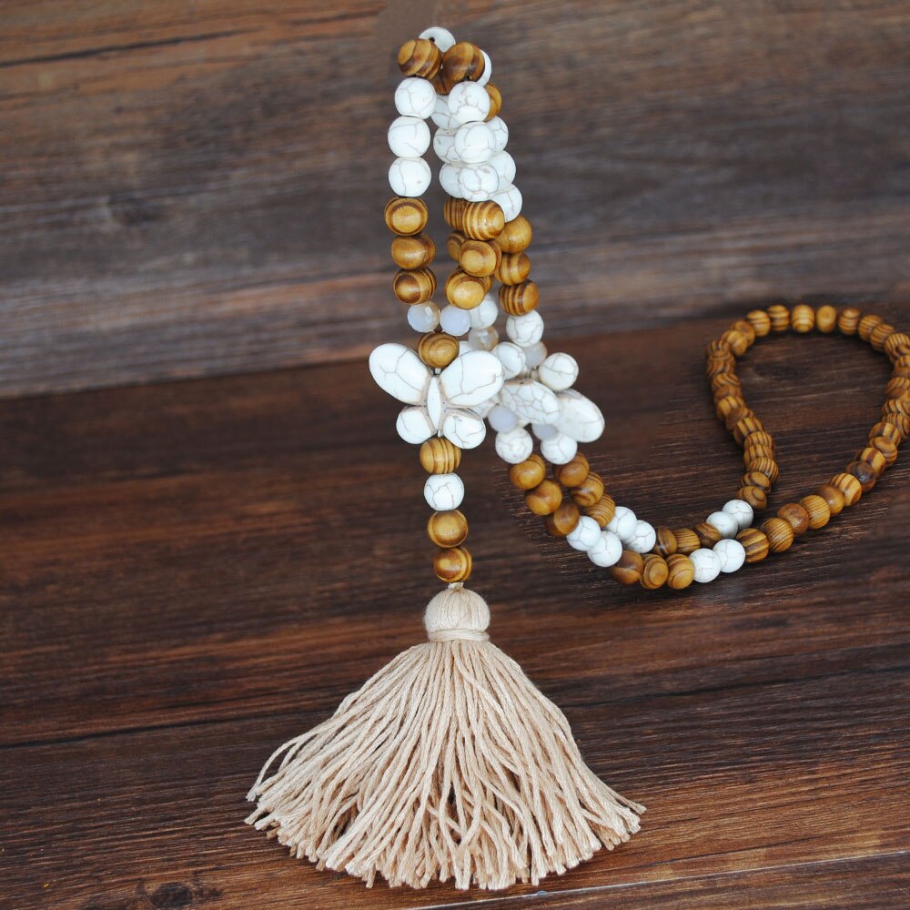 Bohemian Necklace Handmade Stones Tassels Wood