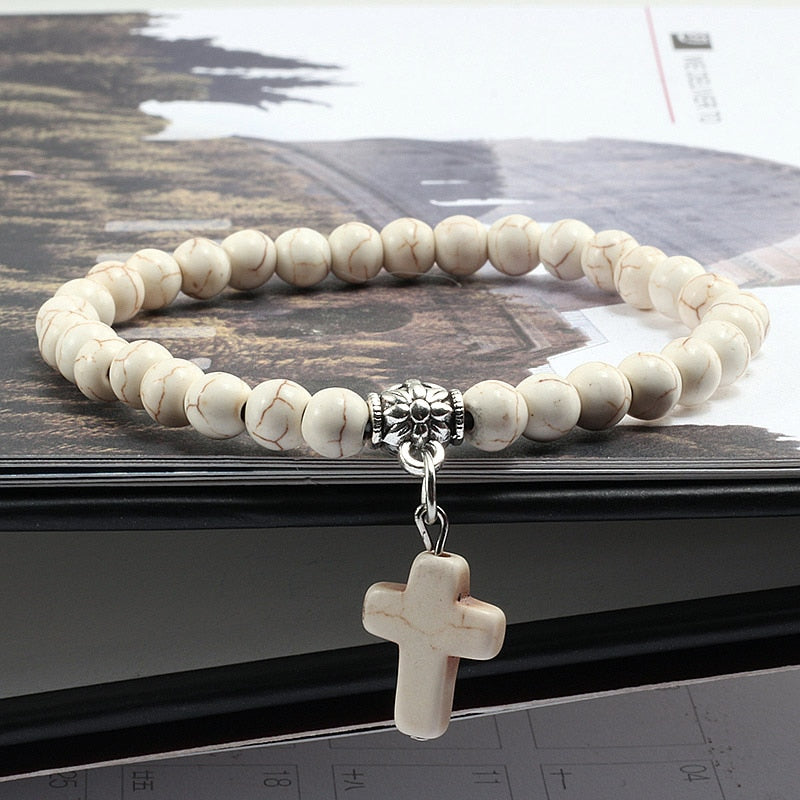 Vintage Cross Natural Stone 6mm Beads Bracelet