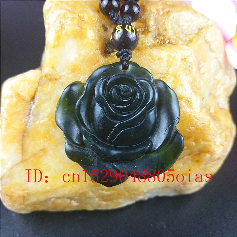 Natural Black Green Jade Rose Pendant Necklace