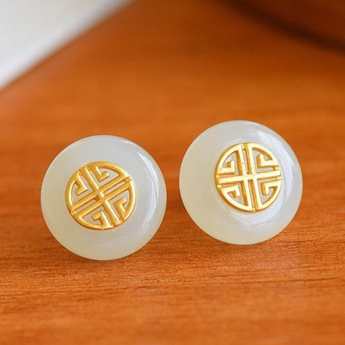 New silver inlaid natural Hetian white jade earrings