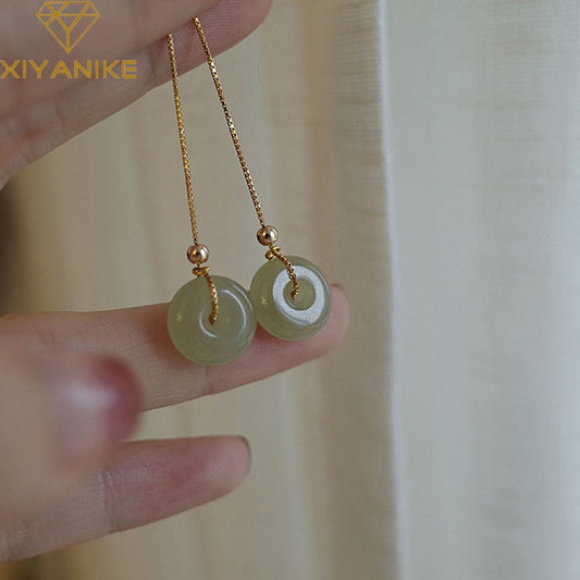 Silver Color  Hetian Jade Retro Temperament Drop Earrings