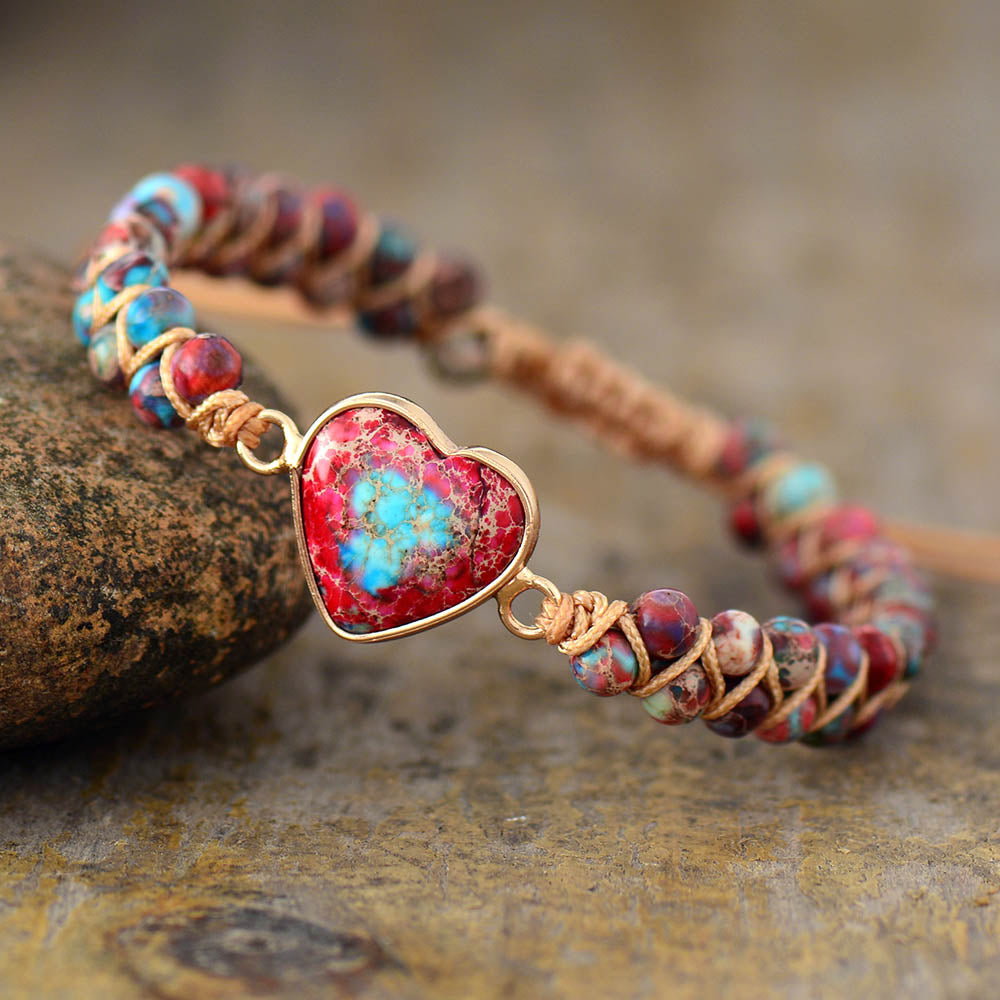 Natural Stone Heart Charm Bracelets String Braided