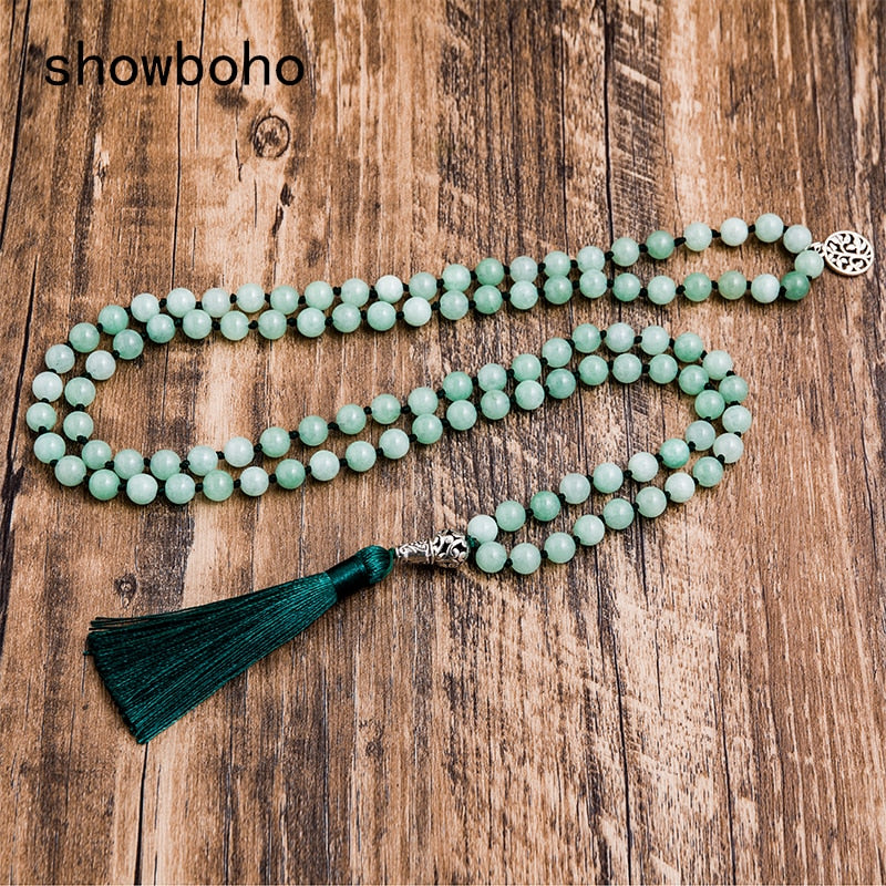 8mm Burmese Jade Knotted Beaded Mala Necklace