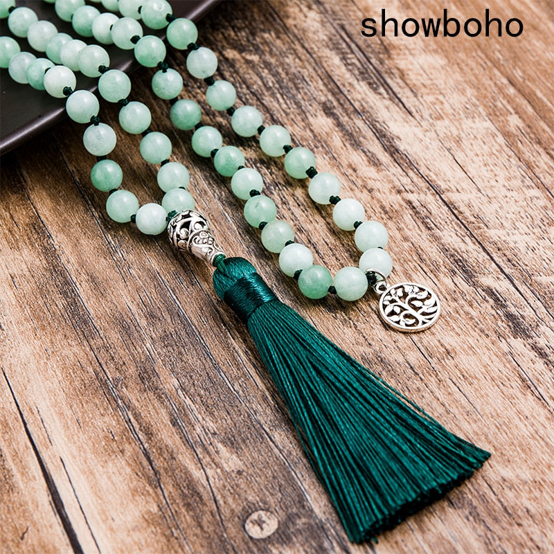 8mm Burmese Jade Knotted Beaded Mala Necklace