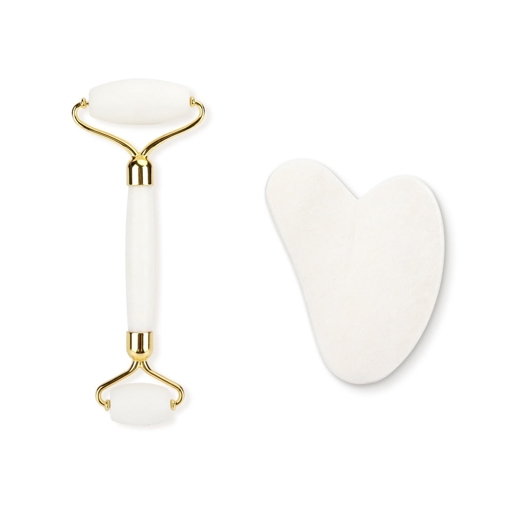 White Jade Roller Gua Sha Set Massage Tool White