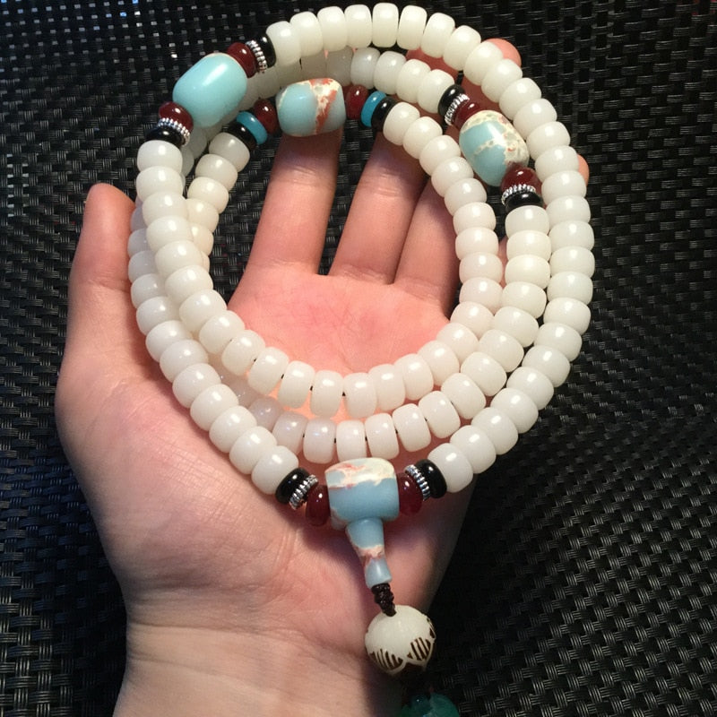 White Bodhi Root Beads Bracelet Lotus Mala Necklace