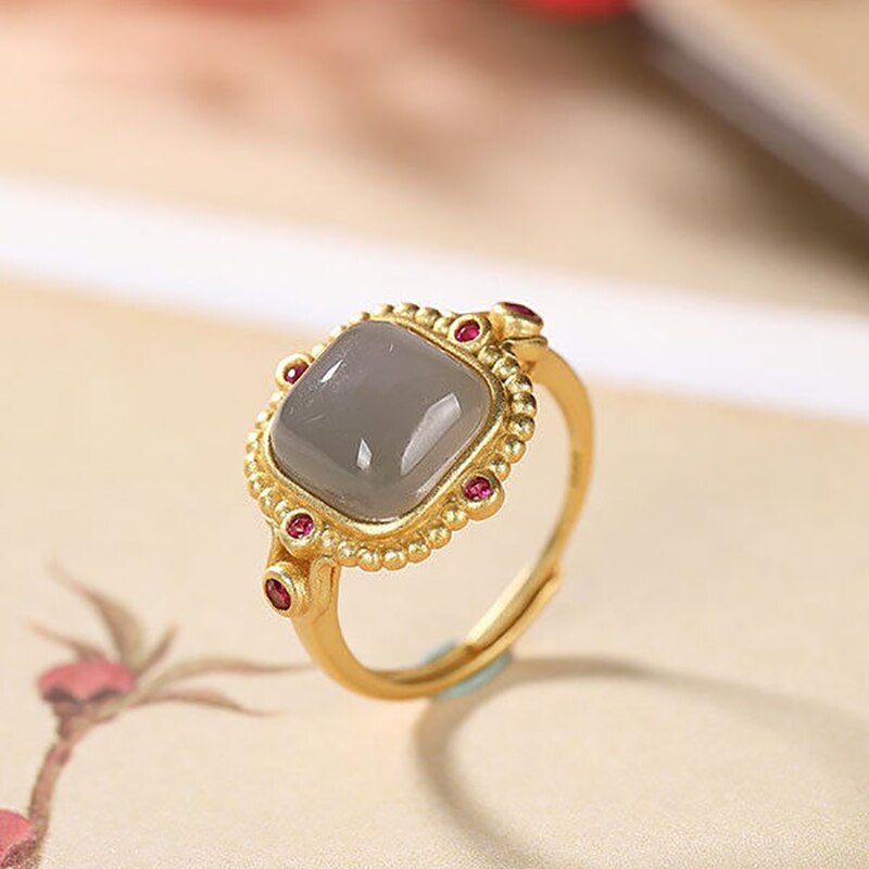 Natural Hetian jade Ruby Ring Chinese classical geometry