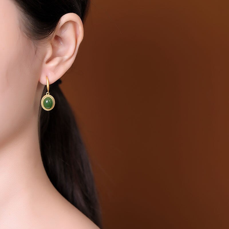 Natural Hetian jade green oval earrings exquisite