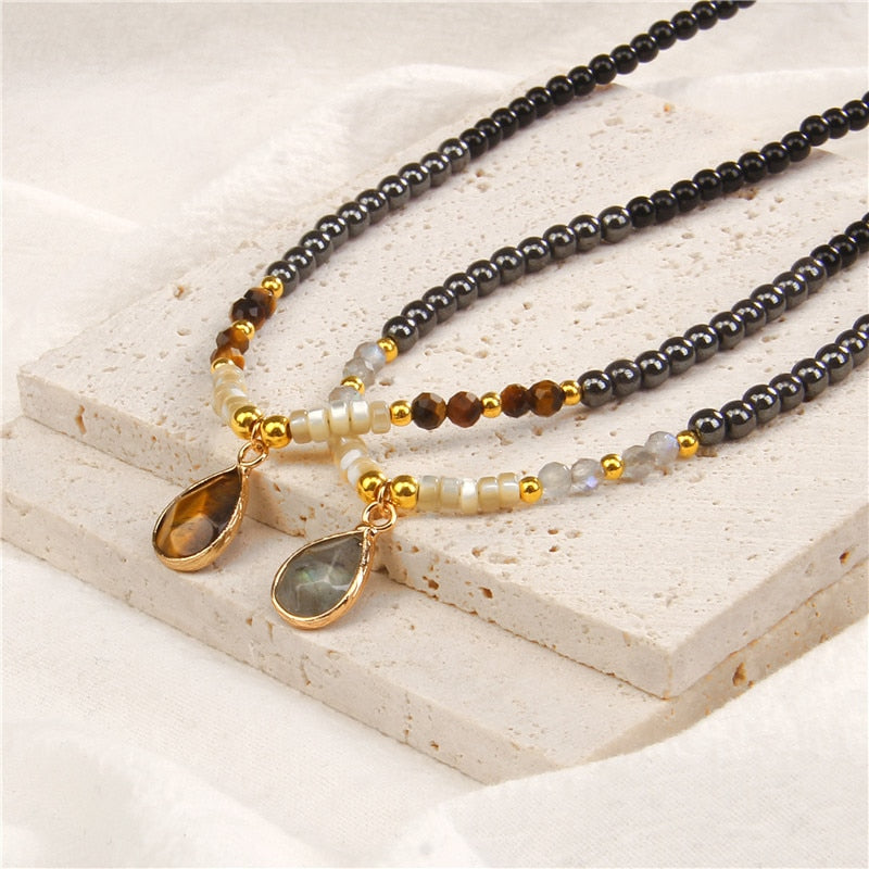 Drop Pendant Necklace Natural Quartz Stone Beaded