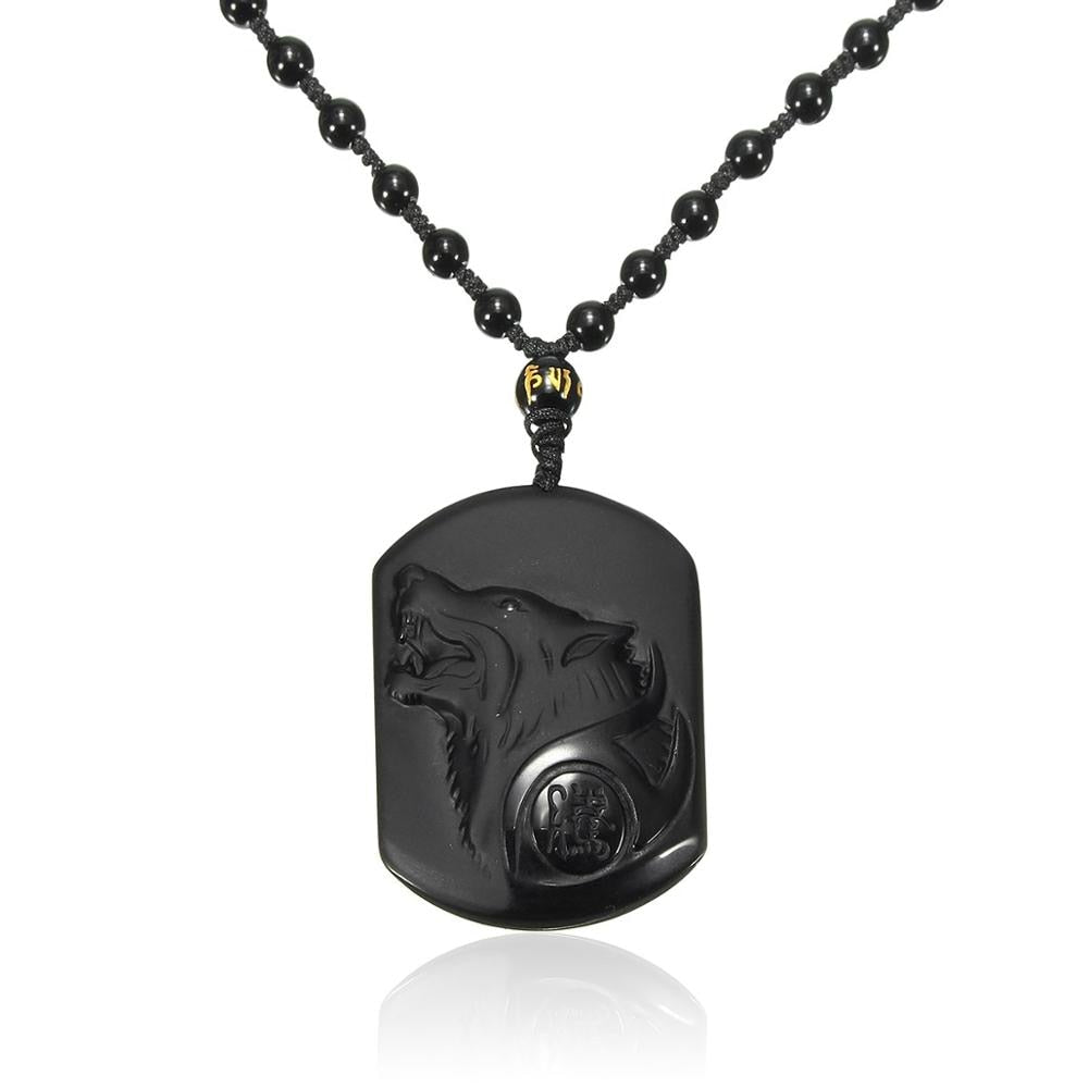 Black Obsidian Carving Wolf Head Amulet Necklace