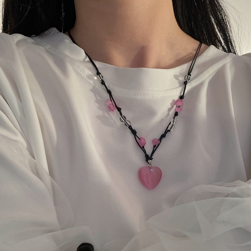 Korean Cute Natural Stone Love Pendant Necklace