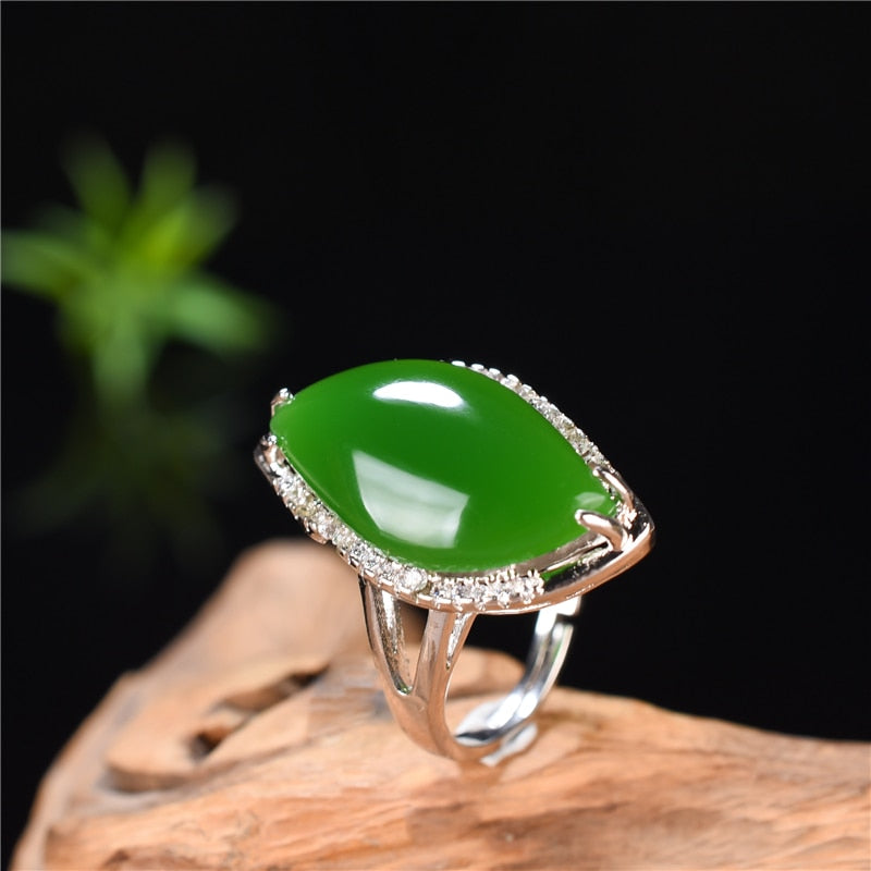 Natural Green Hetian Jade 925 Silver Ring Chinese