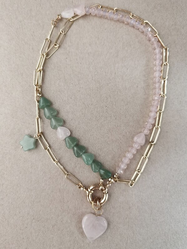 gem pink quartz jade heart Pendant Choker Necklace