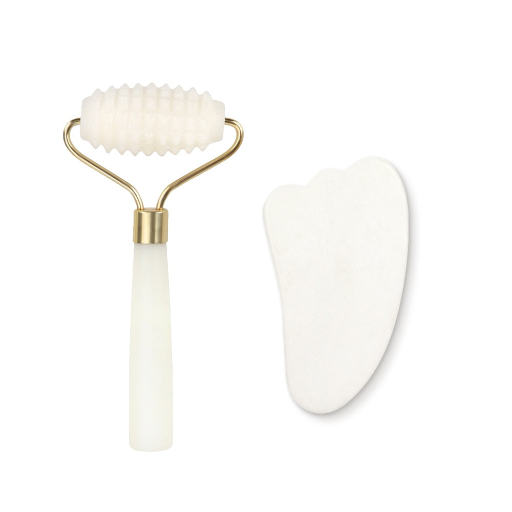 White Jade Roller Gua Sha Set Massage Tool White