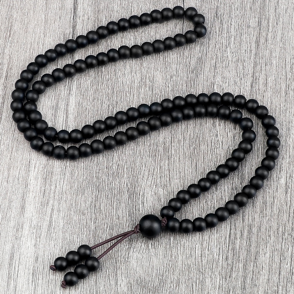 Shiny Black Natural Stone Beaded Necklace Obsidian