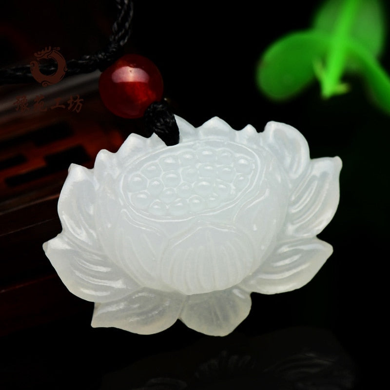 Natural White Jade Lotus Pendant Necklace