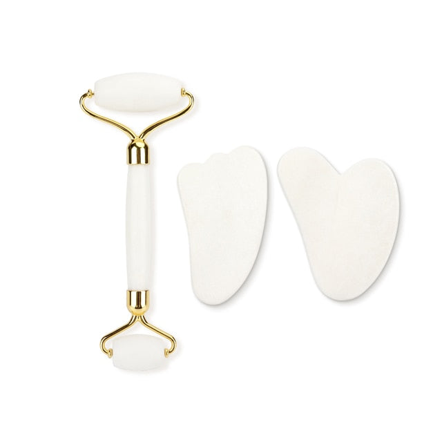 White Jade Roller Gua Sha Set Massage Tool White