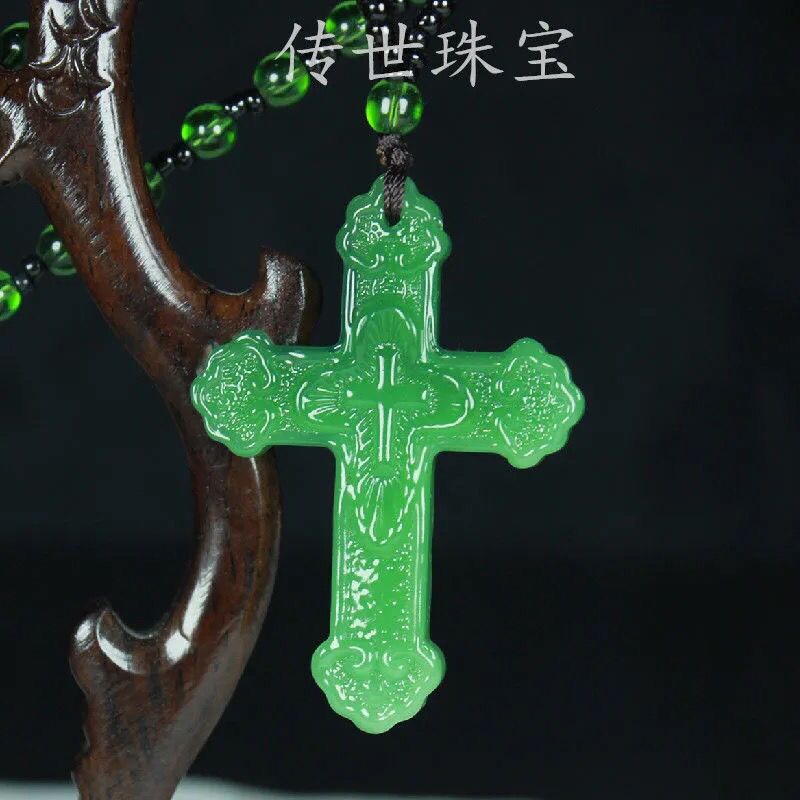 Chinese Natural Green Jade Cross Pendant
