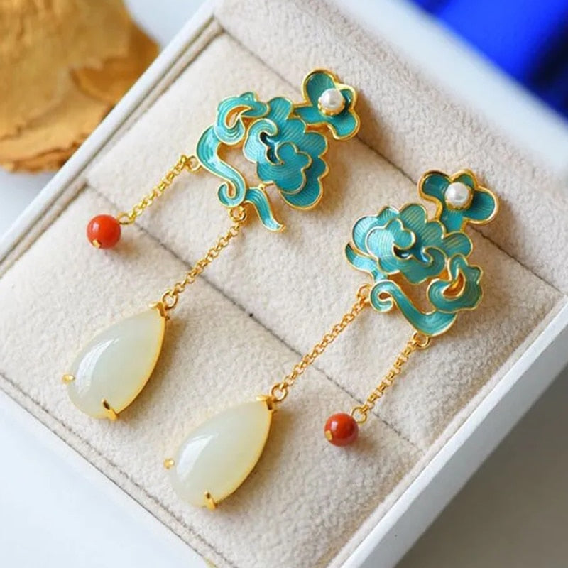 Natural Hetian  jade enamel porcelain Earrings