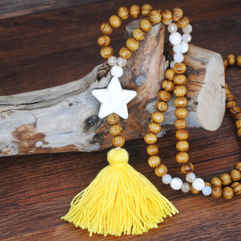 Bohemian Necklace Handmade Stones Tassels Wood