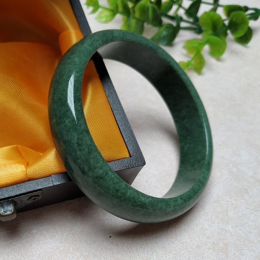 Natural Dark Green Hand Carved Wide Jade Bracelet