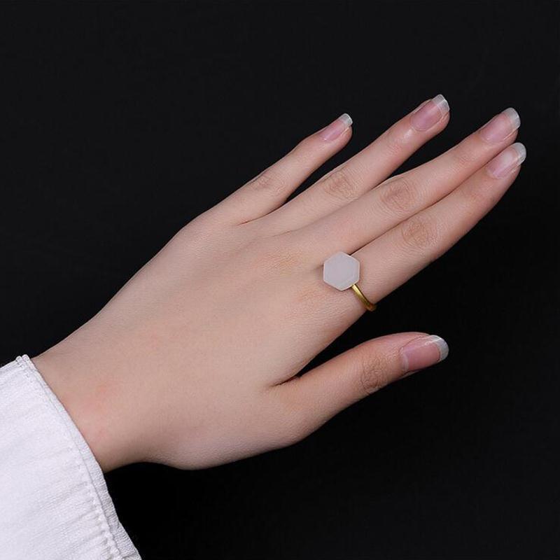 SNew silver inlaid natural Hetian white jade ring