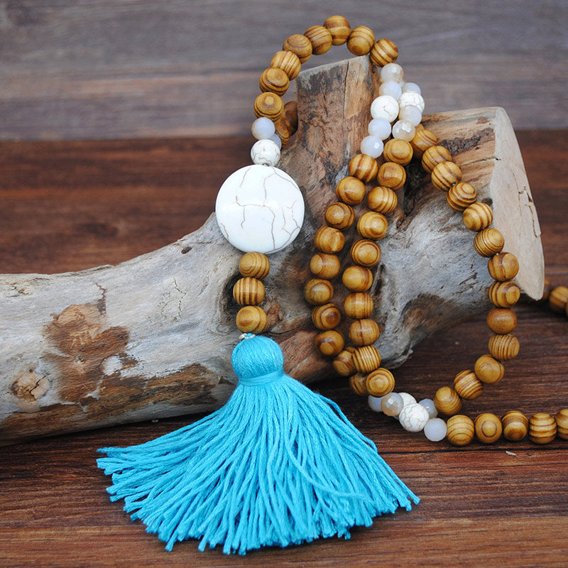 Bohemian Necklace Handmade Stones Tassels Wood