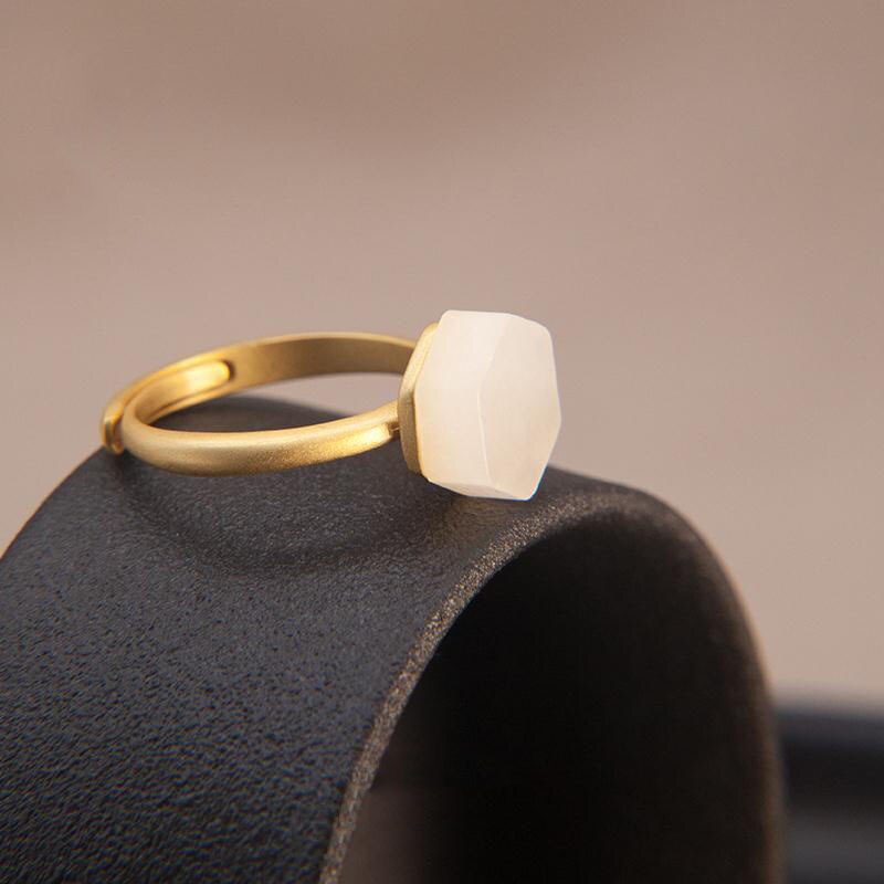 SNew silver inlaid natural Hetian white jade ring