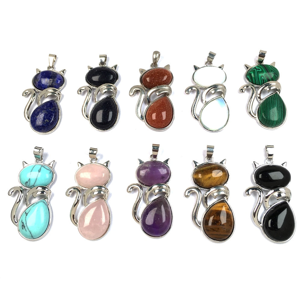 Natural Stones Cat Shape Flat Bead Pendant Cute