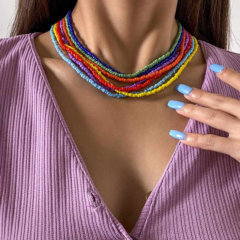 Boho Chic Seed Beads Necklace Colorful Neck Chain