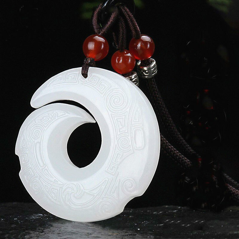 Natural White Jade Rune Pendant Necklace