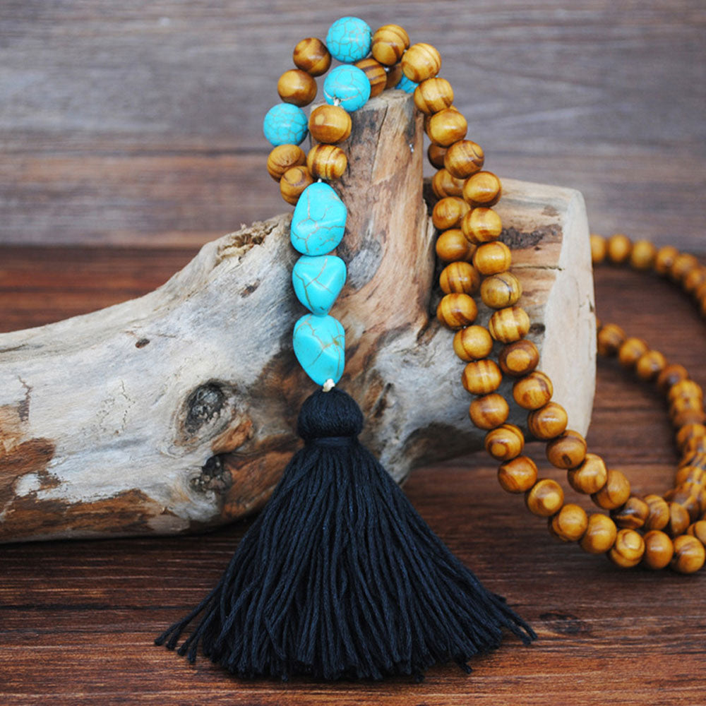 Bohemian Necklace Handmade Stones Tassels Wood