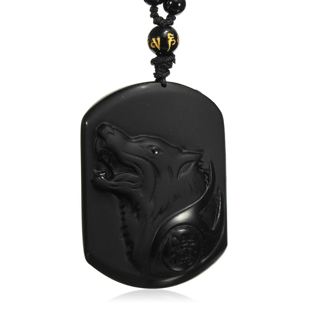 Black Obsidian Carving Wolf Head Amulet Necklace