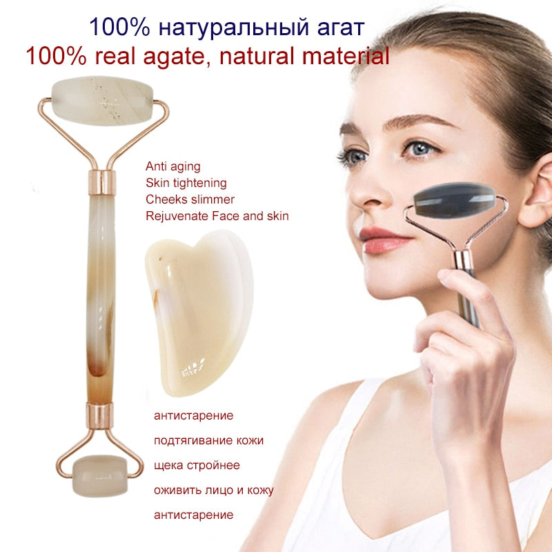 Gouache Natural Jade Roller Gua Sha Scraper Set