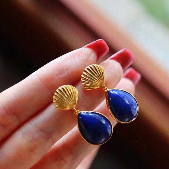 Oval lapis lazuli short earrings cold wind