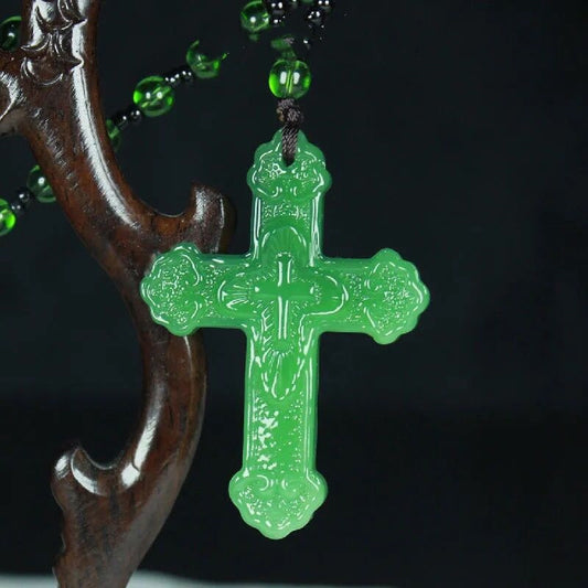 Chinese Natural Green Jade Cross Pendant