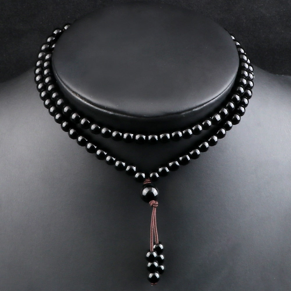 Shiny Black Natural Stone Beaded Necklace Obsidian