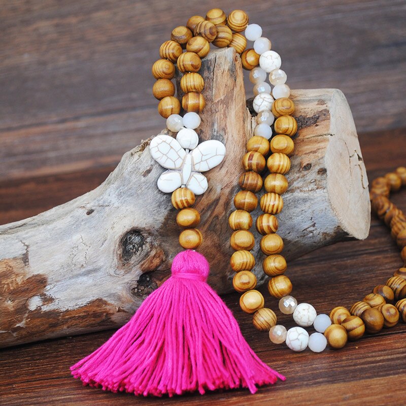 Bohemian Necklace Handmade Stones Tassels Wood