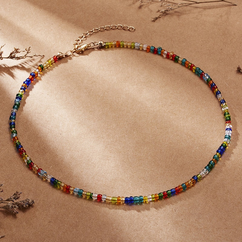 Boho Chic Seed Beads Necklace Colorful Neck Chain